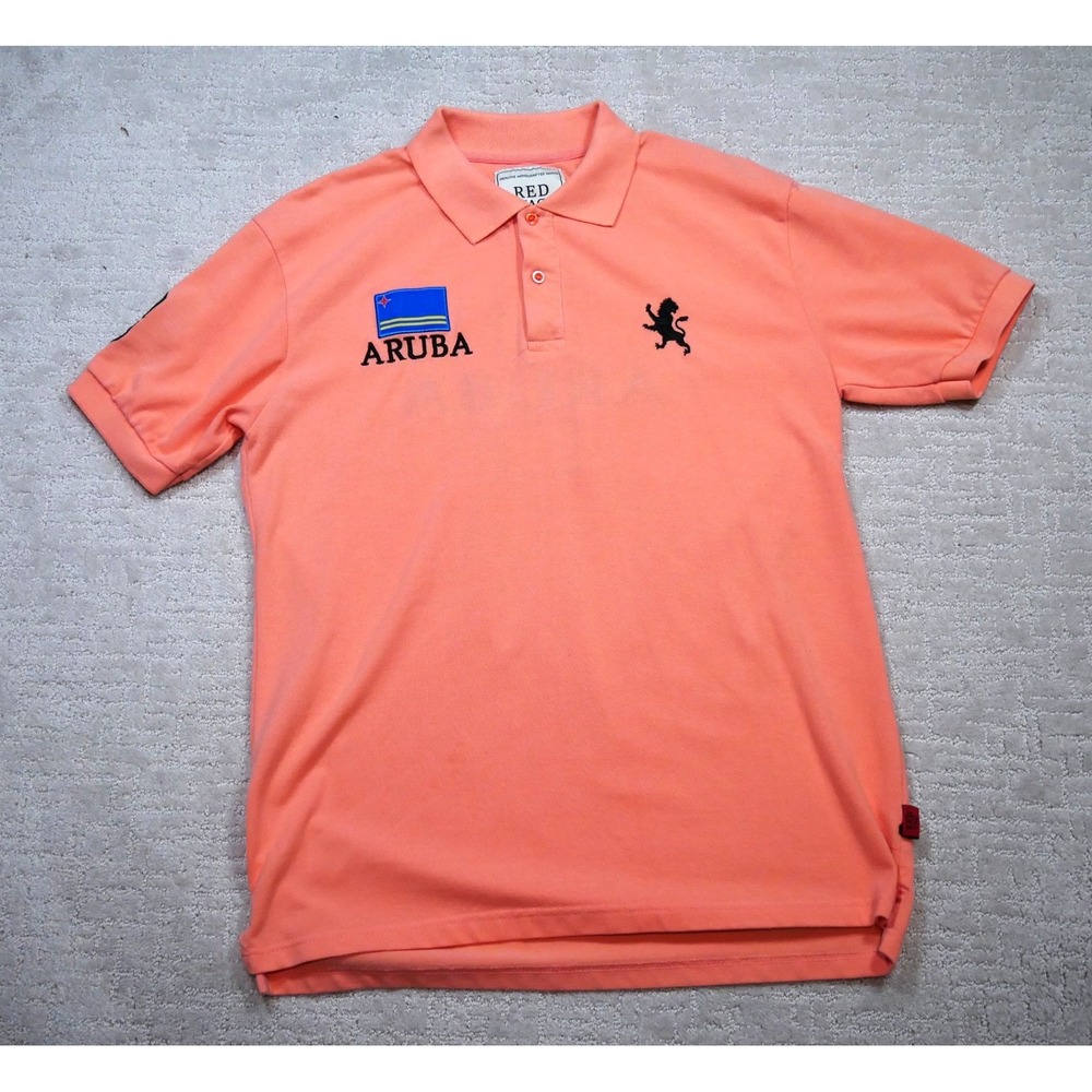 Red Tag Aruba Polo Shirt Mens Large Coral Orange Short Sleeve Lion Crest Logo